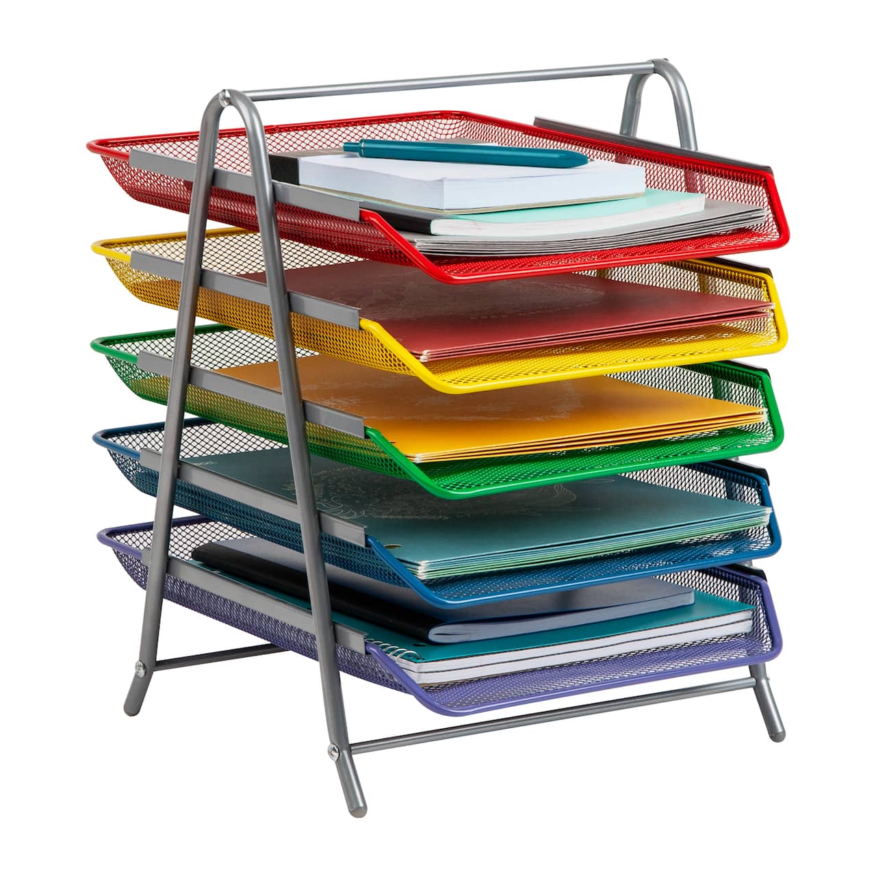 Mind Reader 5-Tier Paper Tray Organizer with Multicolor Trays, Classroom File Organizer for Teachers, Metal Mesh, Assorted Colors